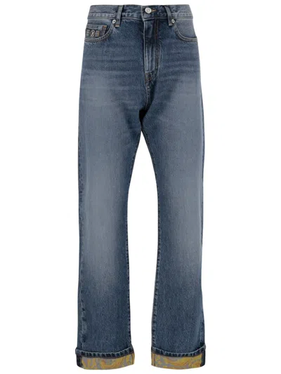 Versace Stretch Cotton Denim Jeans With Baroque Pattern In Blue
