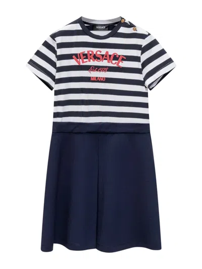 Versace Stretch Cotton Dress In Blue
