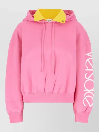 Versace Stretch Cotton Hoodie Drawstring Hood Ribbed Trims In Pink