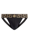 Versace Stretch-jersey-logo-riemen In Black Gold Greek Key