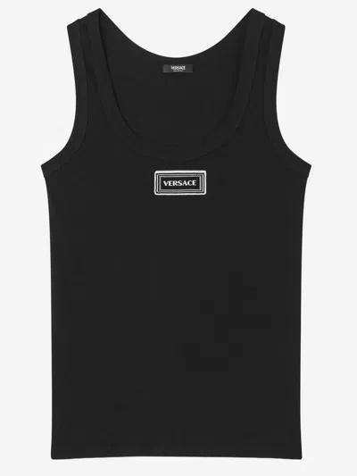 Versace Stretch Cotton Tank Top With Logo In Black
