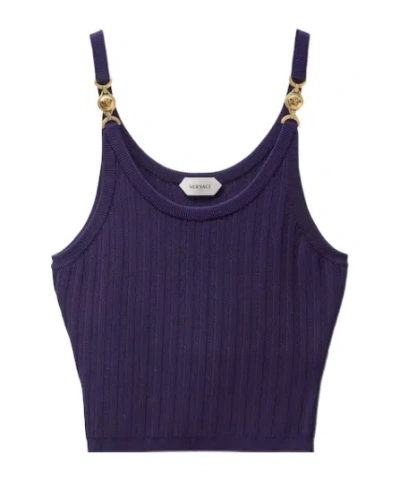 Versace Stretch Viscose Mesh Ribbed Knit Top In Purple