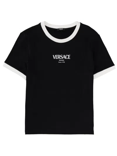 Versace Black Cropped White Trim Viscose-blend T-shirt