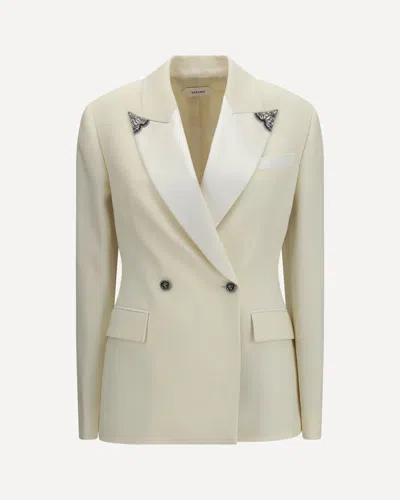 Versace Stretch Wool Blazer With Embroidered Lapels In Cream
