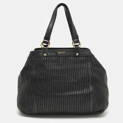 Pre-owned Versace Stripe Black Leather And Raffia Trim Tote