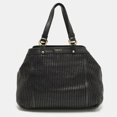 Versace Stripe Black Leather And Raffia Trim Tote