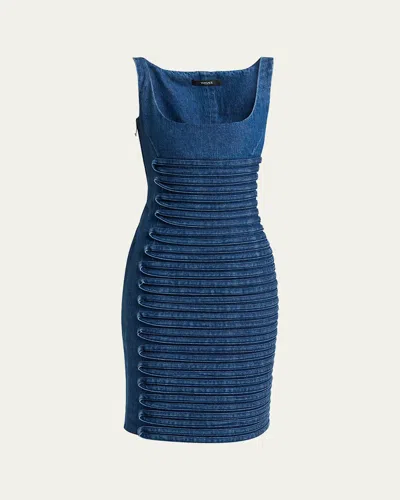 Versace Stripe Embroidered Sleeveless Denim Dress In Blue