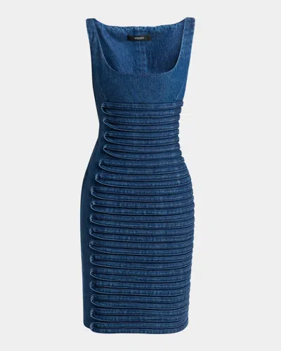 VERSACE STRIPE EMBROIDERED SLEEVELESS DENIM DRESS