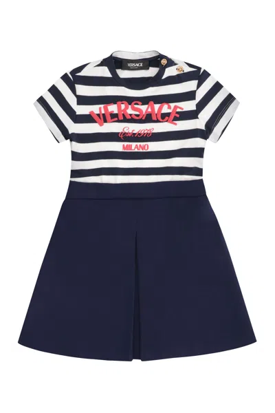 Versace Striped Cotton Dress In Navy