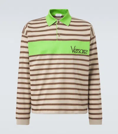Versace Horizontal Striped Polo Shirt With Bold Green Panel In Neutral