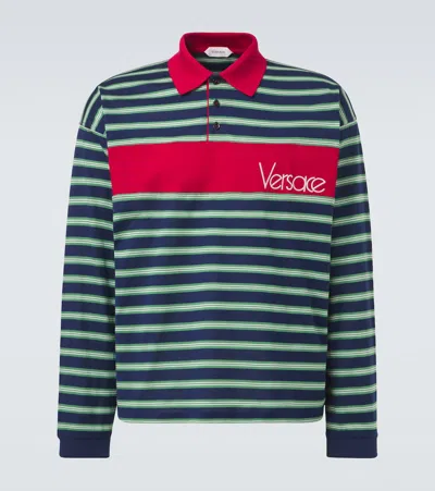 Versace Logo-detail Striped Long-sleeve Polo Shirt In Multi