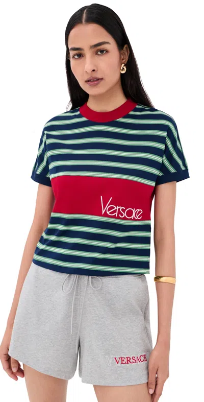Versace Logo-embroidered Striped Cotton-jersey T-shirt In Black