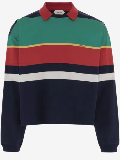 Versace Striped Cotton Polo In Multi