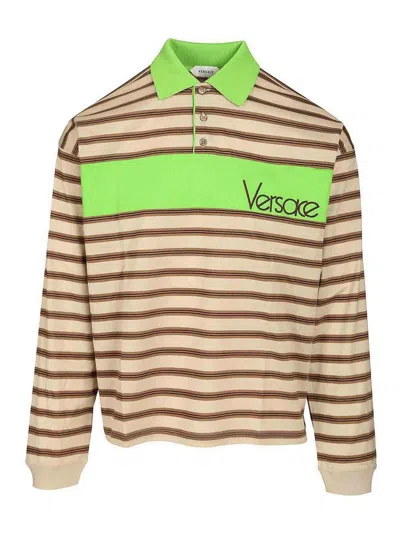 Versace Horizontal Striped Polo Shirt With Bold Green Panel In Neutral