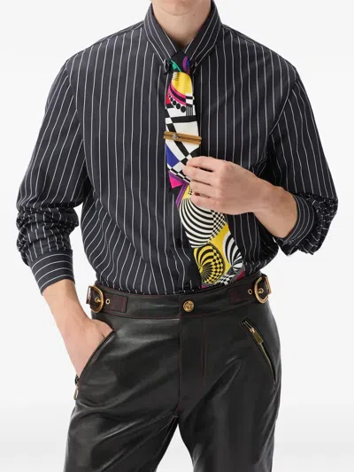 Versace Striped Cotton Poplin Regular Shirt In Blue