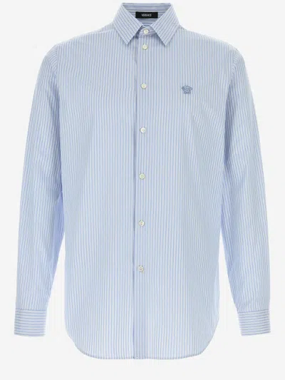 Versace Striped Cotton Shirt With Logo In Blue