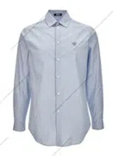 Versace Striped Cotton Shirt With Logo In Blue