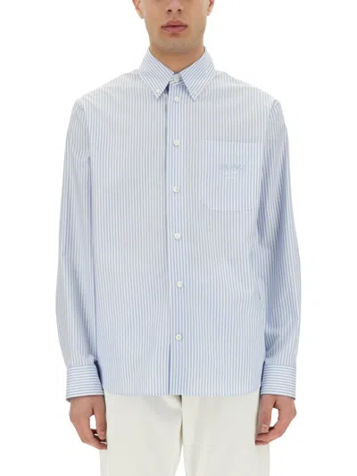 Versace Striped Cotton Shirt With Silk Printed Insert In Blue