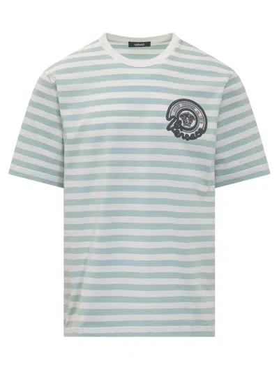 Versace Striped Cotton T-shirt In Blue