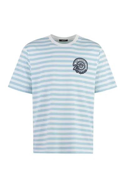 Versace Striped Cotton T-shirt For Men In Light Blue