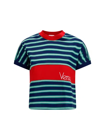 Versace Striped Cotton With Embroidered Logo T-shirt In Blue