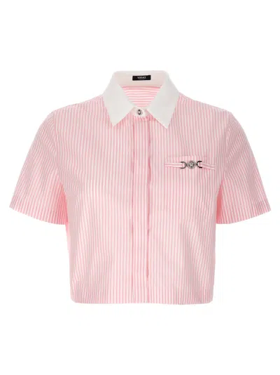 Versace Oxford Striped Crop Shirt In Rosa E Bianco