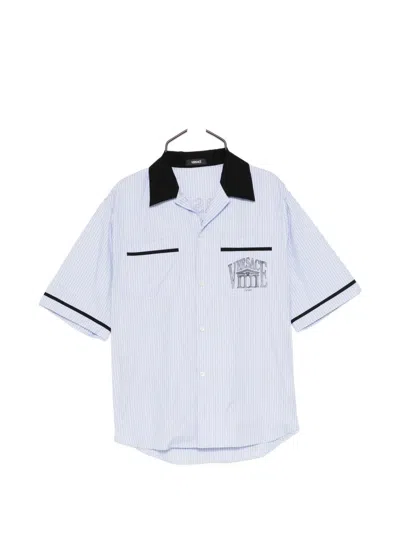 Versace Striped Graphic Shortleeves Shirt In Blue