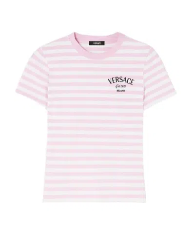 Versace Striped Logo-embroidered Cotton T-shirt In White