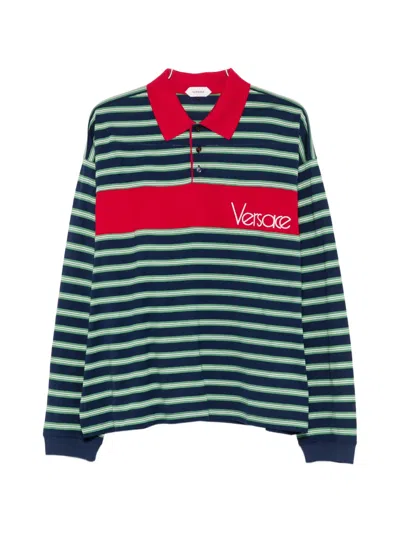 Versace Striped Logo-embroidered Polo Shirt In Green