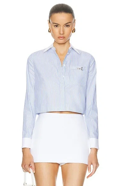 Versace Oxford Striped Crop Shirt In Light Blue