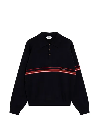 Versace Navy Blue Cotton Knit Polo Shirt With Embroidered Logo In Black