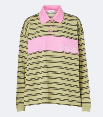 Versace Striped Oversized Cotton Jersey Polo Shirt In Green