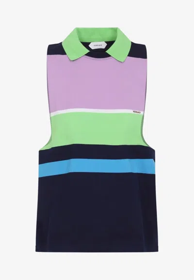 Versace Sleeveless Embroidered Striped Cotton T-shirt In Multi