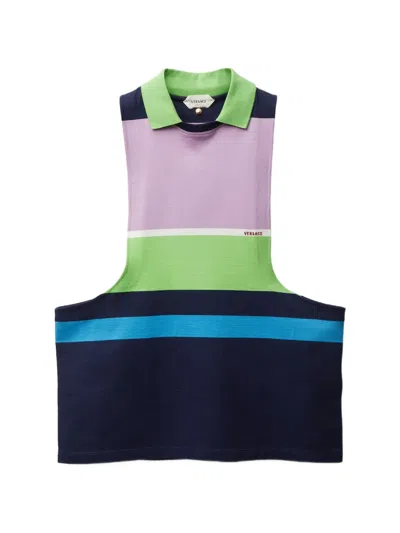 Versace Sleeveless Embroidered Striped Cotton T-shirt In Multi