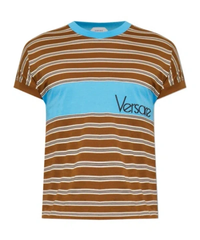 Versace Embroidered-logo Striped-intarsia Cotton T-shirt In Brown