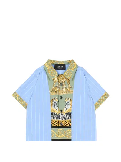 Versace Kids' Striped Wild Cats-print Shirt In Blue