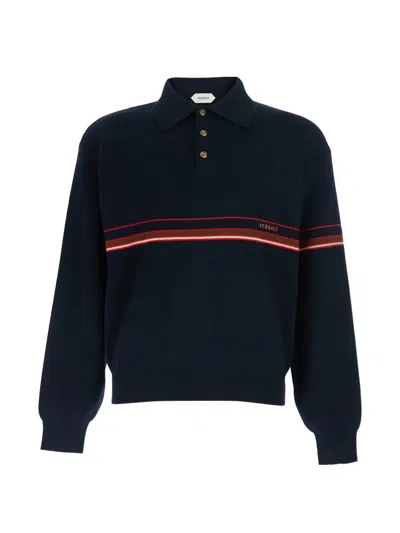 Versace Stripe-detail Long-sleeve Polo Shirt In Blue