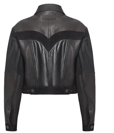 Versace Structured Leather Jacket With Suede Inserts In Black