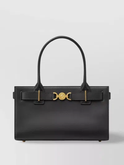 Versace Structured Shopper With Gold-tone Hardware And Metal Feet In Black