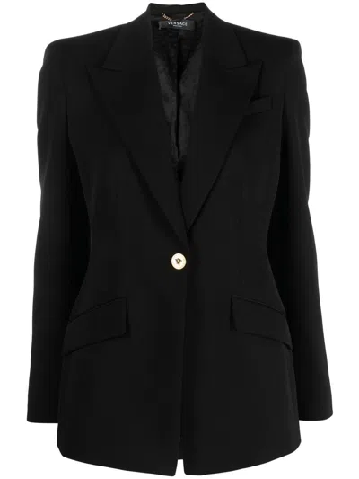 Versace Structured Wool Blazer With Gold Buttons For Women In Black
