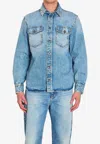 Versace Stud Embellished Denim Jacket In Blue