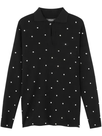 Versace Stud-embellished Polo Shirt In Black
