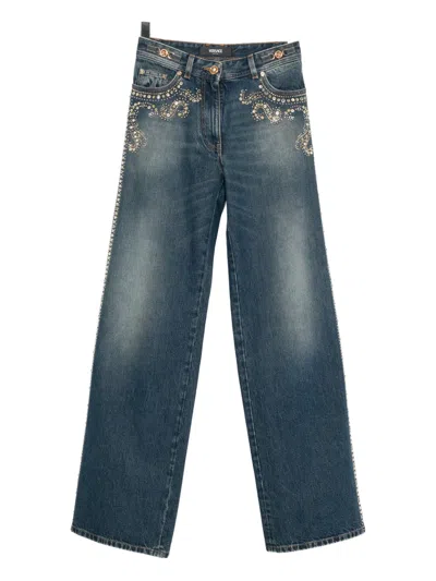 Versace Stud-embroidered Straight-leg Jeans In Blue