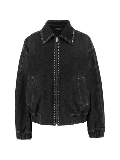 Versace Studded Zip Denim Jacket In Black