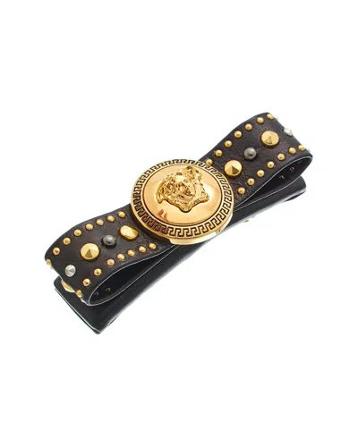 Versace Studded Gianni Ribbon Leather Hair Clip In Black