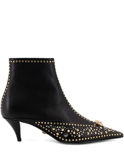 Versace Studded Leather Ankle Boots With Kitten Heel In Black