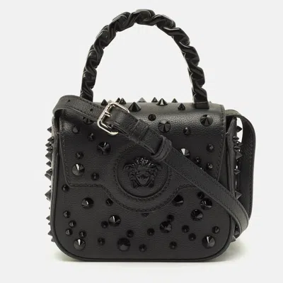 Pre-owned Versace Studded La Medusa Mini Black Leather Top Handle Bag
