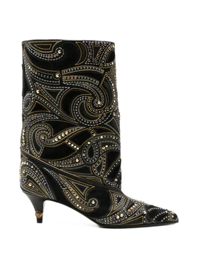 Versace Studded Leather Ankle Boots In Black