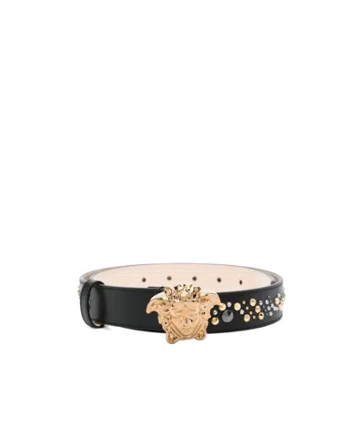Versace Studded Leather Belt In Yellow