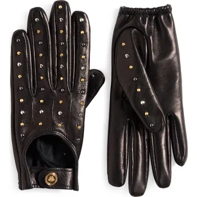 Versace Studded Leather Gloves In Black